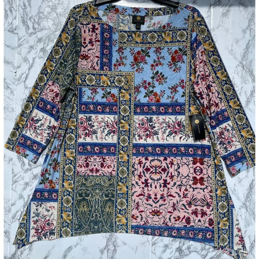 JM Collection Floral Patchwork Tunic Top With 3/4 Sleeves & Asymmetrical Hem L - Picture 1 of 7